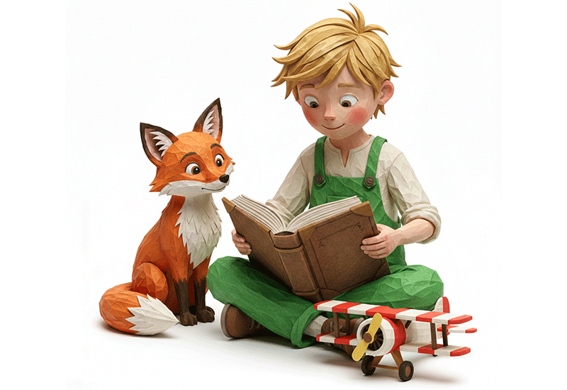 Illustration d'un petit garçon blond en salopette verte lisant un livre avec un renard roux à ses côtés, un petit avion rouge et blanc au premier plan.