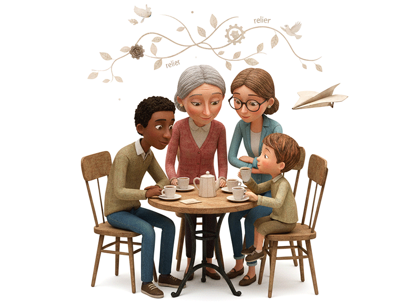 Représentation symbolique du lien social et intergénérationnel : un groupe partage un moment convivial sous une branche décorative évoquant la connexion et la transmission. Groupe de personnes discutant autour d'une table, illustration texturée sur le thème du partage et du lien.