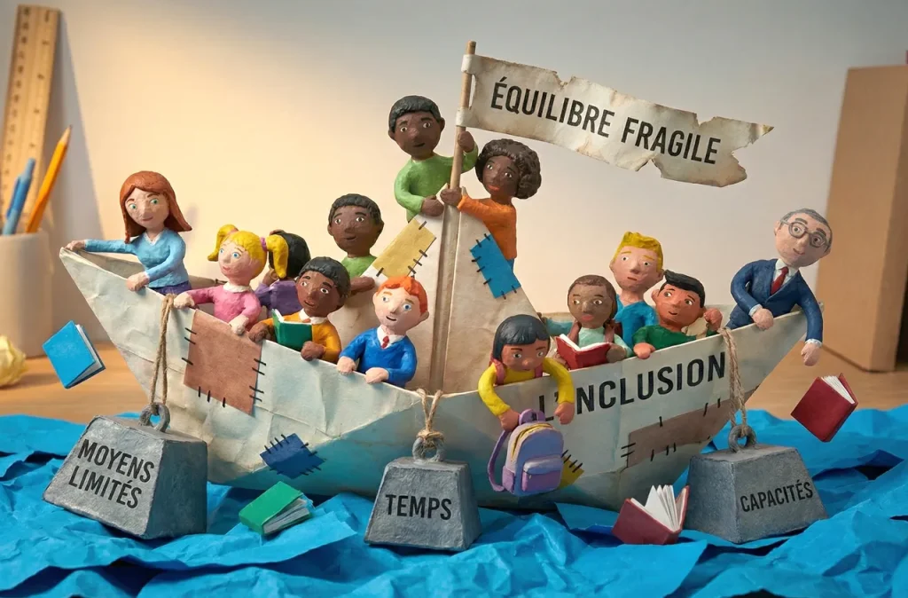 Illustration en papier mâché (style stop-motion) montrant un bateau en papier fragile nommé "L'INCLUSION" naviguant sur une mer de papier bleu froissé. Le navire, chargé d'élèves et d'un enseignant, est tiré vers le bas par trois lourds poids gris marqués "MOYENS LIMITÉS", "TEMPS" et "CAPACITÉS". Une bannière sur le mât indique "ÉQUILIBRE FRAGILE". Ambiance de diorama sur un bureau d'écolier avec des crayons en arrière-plan.