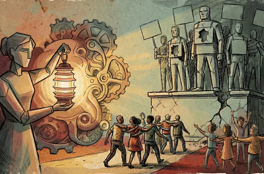 Illustration conceptuelle montrant une femme à gauche tenant une lanterne lumineuse devant des rouages d'horlogerie. La lumière éclaire une foule de personnes joyeuses qui se détournent de statues de pierre rigides et fissurées représentant des manifestants monotones sur un piédestal.
