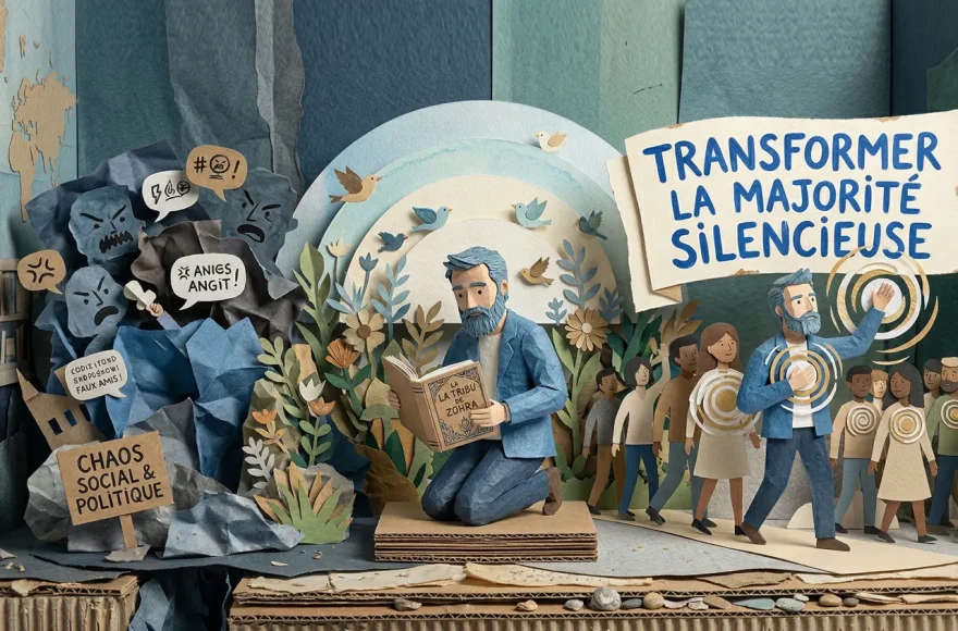 Diorama artistique en papercraft (papier découpé et sculpté) illustrant le témoignage de Marc L. À gauche, un chaos urbain sombre en papier froissé symbolisant les tensions sociales. Au centre, un homme à la veste bleue lit un livre intitulé 'La Tribu de Zohra'. À droite, une scène lumineuse montre ce même homme menant un groupe de citoyens vers l'engagement. Une bannière peinte à la main affiche : 'Transformer la majorité silencieuse