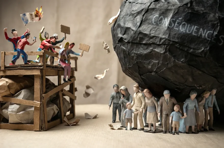 Diorama en papercraft 3D et papier mâché représentant une métaphore sociale. À gauche, sur une plateforme de cartons empilés, des figurines agitées avec un drapeau en feu et des smartphones. À droite, un groupe de citoyens aux tons neutres écrasés par un rocher géant en papier noir marqué 'CONSÉQUENCES'. Style artistique fait main avec textures de gouache et éclairage de studio dramatique.