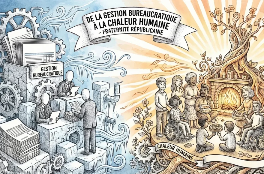 Illustration conceptuelle en noir et blanc et tons sépia montrant un contraste entre deux mondes. À gauche, une structure mécanique et froide symbolisant la bureaucratie avec des personnages sans visage manipulant des papiers. À droite, une scène chaleureuse et lumineuse sous un arbre de vie où un groupe diversifié de personnes (hommes, femmes, enfants, personnes en fauteuil roulant) se réunit autour d'un feu de cheminée, illustrant la solidarité et la chaleur humaine.