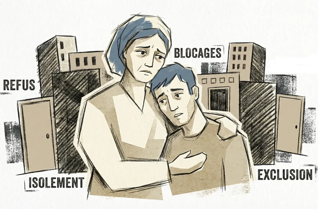 Illustration de style "concept art" montrant une mère et son fils adulte se serrant l'un contre l'autre avec une expression de désarroi. En arrière-plan, des formes géométriques de bâtiments gris et des mots clés comme "ISOLEMENT", "REFUS" et "EXCLUSION" symbolisent les barrières sociales. Le style utilise des textures de pinceau sec et des tons beiges et bleus sur fond blanc.