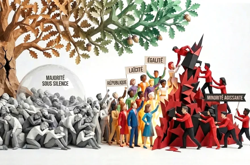 Une illustration en style papercraft (papier découpé) représentant une allégorie sociale : à gauche, une foule grise et immobile sous une bulle de verre près d'un chêne immense ; au centre, un groupe coloré et debout portant des pancartes vierges ; à droite, une minorité active en rouge escaladant une structure anguleuse noire et rouge. Style diorama miniature sur fond blanc.