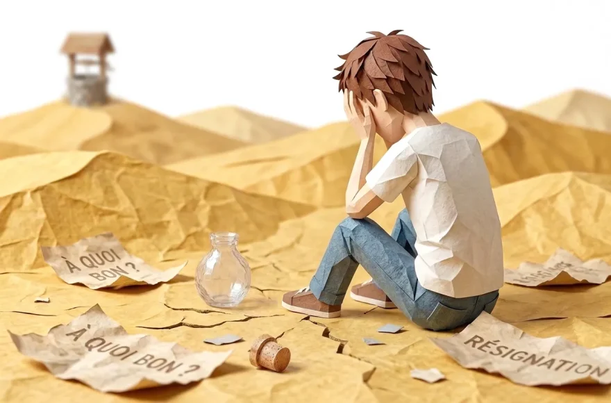 Illustration en papier découpé d'un jeune homme assis avec désespoir dans un désert de papier froissé, entouré de messages de résignation et d'une bouteille vide. Un puits est à l'horizon mais il semble qu'il ne l'ai pas vu. C'est une allégorie qui se réfère au puits dans le désert du Petit Prince.