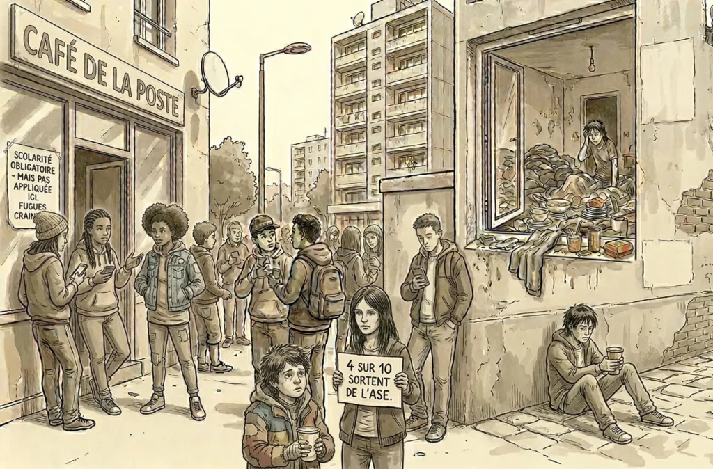 Titre : L'après-ASE : une réalité précaire Cette illustration, réalisée dans un style de bande dessinée aux tons sépia et grisés, offre un regard critique sur la situation sociale de nombreux jeunes majeurs en France. L'image se divise en plusieurs plans qui racontent une histoire de déshérence urbaine : Au premier plan : Une jeune fille au regard triste tient une pancarte sur laquelle est écrit : "4 sur 10 sortent de l'ASE". À ses côtés, un enfant plus jeune est assis au sol, tenant un gobelet, suggérant la mendicité. À droite : On aperçoit l'intérieur d'un logement insalubre par une fenêtre ouverte sans carreau. Un jeune homme y est assis au milieu d'un amoncellement de détritus, de vaisselle sale et de restes de nourriture, symbolisant le mal-logement ou l'insalubrité. En dessous, sur le trottoir, un autre jeune est assis seul, prostré. À gauche : Un groupe de jeunes est rassemblé devant le "Café de la Poste". Une affiche sur la vitrine indique : "Scolarité obligatoire - mais pas appliquée. IGL, Fugues, Craintes". La plupart de ces jeunes ont les yeux rivés sur leur téléphone portable, soulignant un sentiment d'isolement malgré la proximité physique. L'arrière-plan : Une rue s'étire vers des barres d'immeubles de type HLM sous un ciel pâle, renforçant l'atmosphère de solitude et de bétonisation de l'environnement social. Analyse de l'œuvre : L'image utilise une palette de couleurs désaturées pour évoquer la tristesse et le manque de perspectives. Elle met en lumière la rupture brutale que peut représenter la sortie du système de protection de l'enfance, pointant du doigt les risques de pauvreté, d'errance et d'exclusion sociale pour ces jeunes adultes.