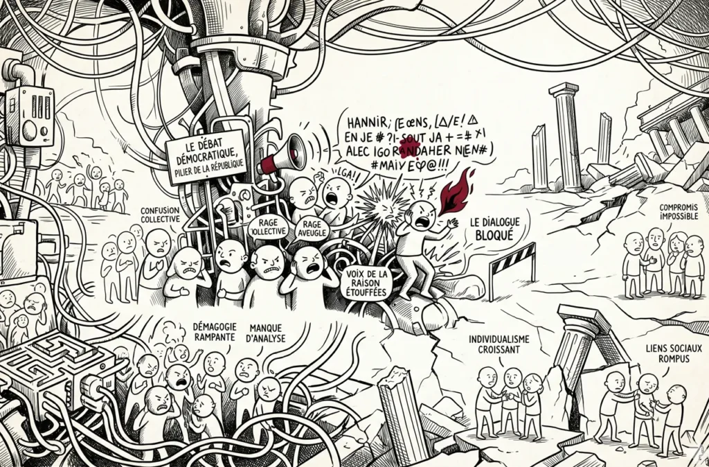 Illustration satirique en noir et blanc montrant une société en plein chaos communicationnel. Au centre, une machine complexe avec des haut-parleurs diffuse des messages agressifs et incohérents. Des groupes de personnages expriment la colère, l'incompréhension et l'isolement, entourés de légendes telles que « Confusion collective », « Dialogue bloqué » et « Liens sociaux rompus ». À droite, des colonnes antiques s'effondrent dans un paysage de ruines, symbolisant la chute des piliers de la République face à l'impossibilité du débat.