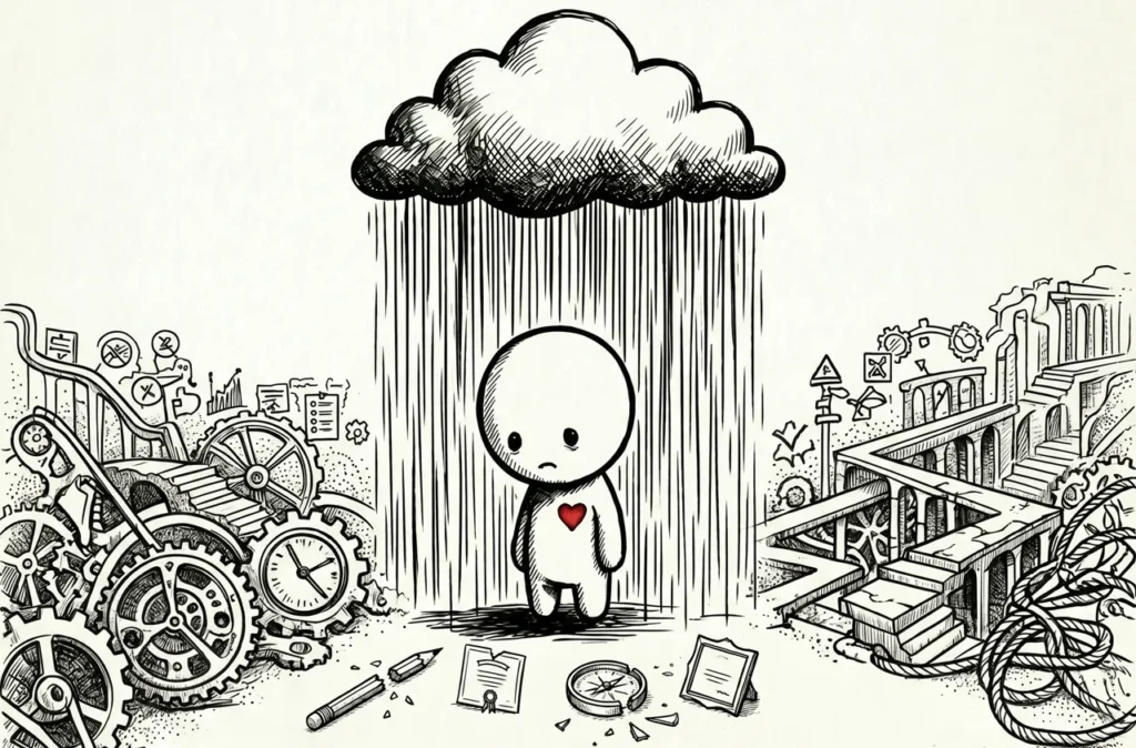 "Illustration en noir et blanc d'un petit personnage triste sous un nuage de pluie personnel, entouré de rouages complexes, d'escaliers sans fin et d'objets scolaires brisés, symbolisant l'exclusion et l'échec scolaire."