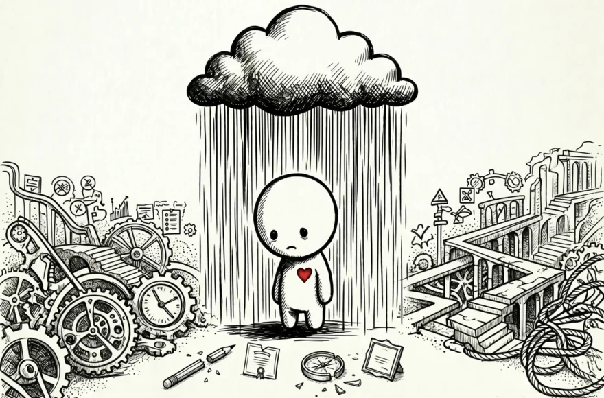 "Illustration en noir et blanc d'un petit personnage triste sous un nuage de pluie personnel, entouré de rouages complexes, d'escaliers sans fin et d'objets scolaires brisés, symbolisant l'exclusion et l'échec scolaire."