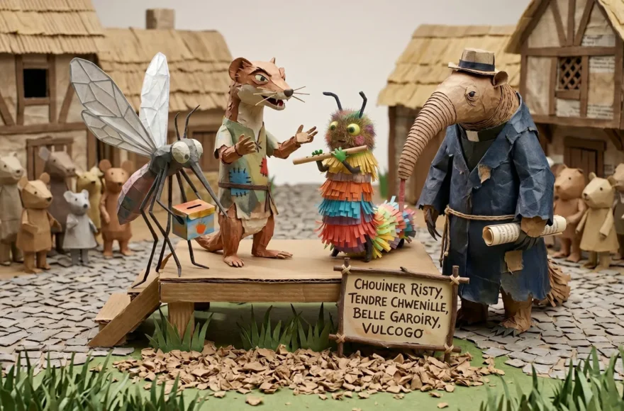 Diorama en papier mâché de quatre animaux anthropomorphes (belette, chenille jouant de la flûte, moustique et fourmilier) sur une scène de village médiéval, style Fables de La Fontaine.