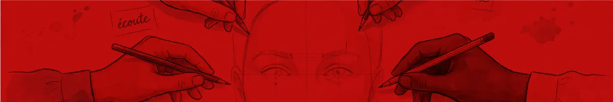 illustration aquarellée rouge de mains dessinant un portrait, encore sous forme de croquis, du futur président de la république française