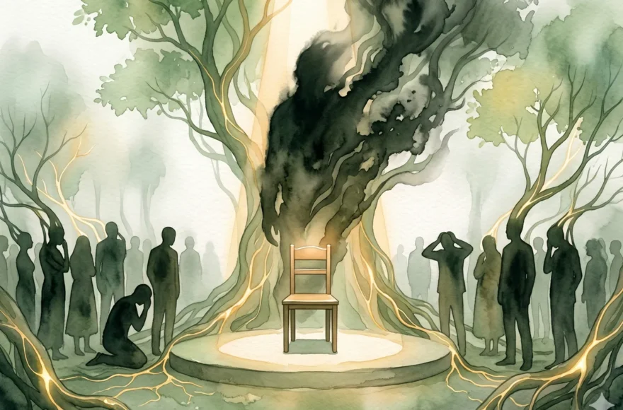 Illustration aquarelle surréaliste montrant une chaise vide sur une estrade, dominée par une ombre sombre et informe, entourée d'une foule de silhouettes passives dans un paysage de racines et de brouillard.