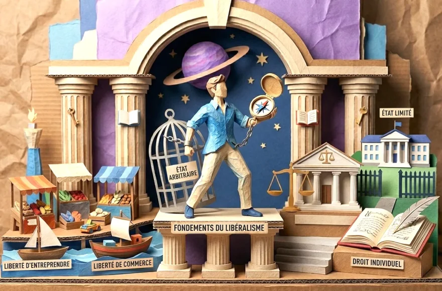 Une vue large d'un atelier d'artiste montrant un diorama en papier sculpté représentant les concepts du libéralisme. Au centre, un personnage masculin en papier mâché bleu brise ses chaînes sur un socle, entouré de symboles comme une balance de justice, un marché miniature, des colonnes antiques et un bâtiment officiel. Le décor est posé sur un établi en bois parsemé d'outils de création : ciseaux, cutter, colle et chutes de papier coloré.