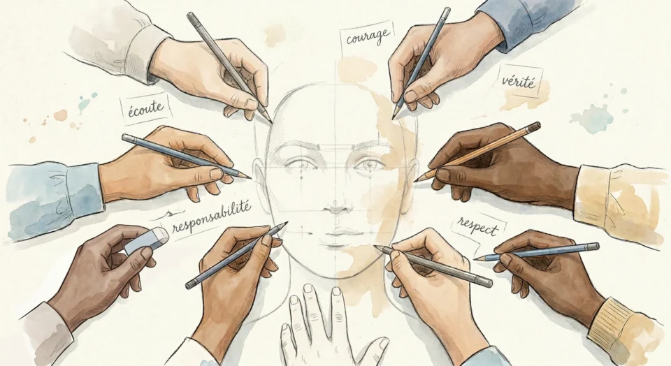 Illustration de style croquis montrant plusieurs mains de différentes carnations dessinant et gommant ensemble le portrait d'un visage humain. Autour du dessin, des étiquettes manuscrites indiquent des valeurs clés : écoute, courage, vérité, responsabilité et respect. illustre le sondage citoyen quel est le president ideal des français.