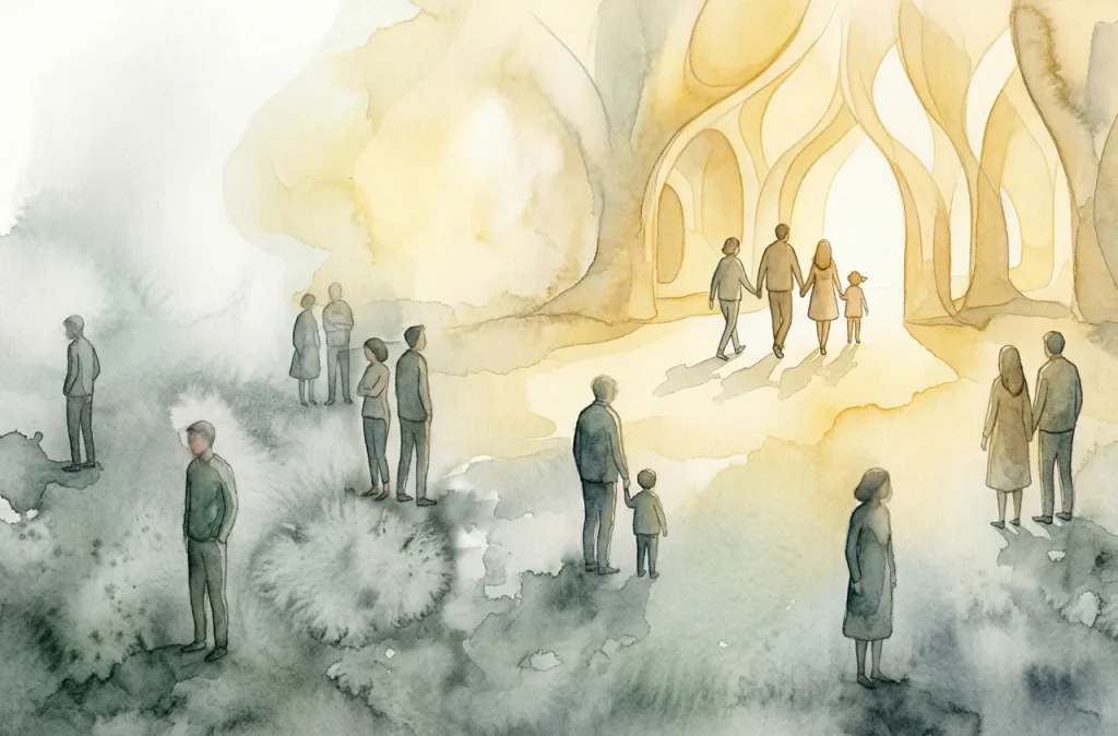 Aquarelle onirique divisée en deux ambiances : à gauche, des silhouettes isolées dans des tons gris et bleus froids ; à droite, une famille et des amis marchant main dans la main vers une arche de lumière dorée et organique, symbolisant le passage de la méfiance à la renaissance collective.