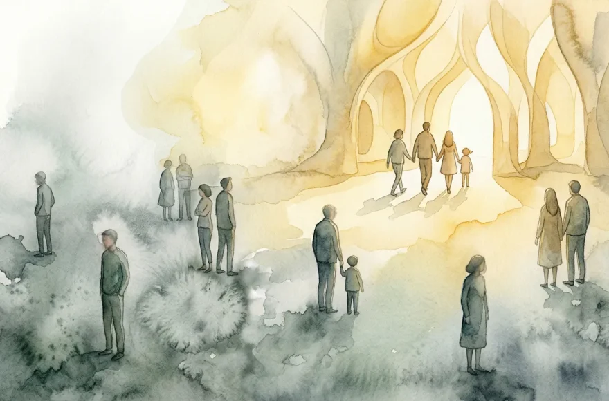 Aquarelle onirique divisée en deux ambiances : à gauche, des silhouettes isolées dans des tons gris et bleus froids ; à droite, une famille et des amis marchant main dans la main vers une arche de lumière dorée et organique, symbolisant le passage de la méfiance à la renaissance collective.