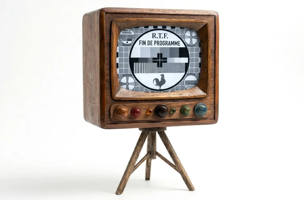 une television années 50 avec la mire de fin de programme pour illustrer la commission d'enquête sur l'audiovisuel.