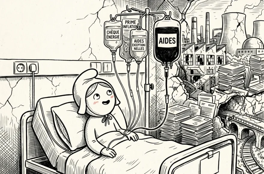 Illustration éditoriale en noir et blanc style bande dessinée représentant un personnage naïf coiffé d'un bonnet phrygien (allégorie de la France) souriant sur un lit d'hôpital sous perfusion. Les poches de perfusion affichent les textes "Chèque Énergie", "Prime Inflation", "Aides Exceptionnelles" et "AIDES". En arrière-plan, les murs de la chambre se fissurent, révélant un paysage industriel en ruine avec des usines abandonnées, des piles de dossiers administratifs et une centrale nucléaire vieillissante.
