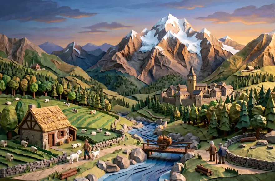 Diorama en papier découpé et papier-mâché représentant un paysage de montagne du Couserans en Ariège au coucher du soleil. Au premier plan, un torrent bleu serpente entre une chaumière, des bergers avec leurs chiens Patous et des troupeaux de brebis. En arrière-plan, un village fortifié et le sommet enneigé du Mont Valier sous une lumière dorée de fin de journée.