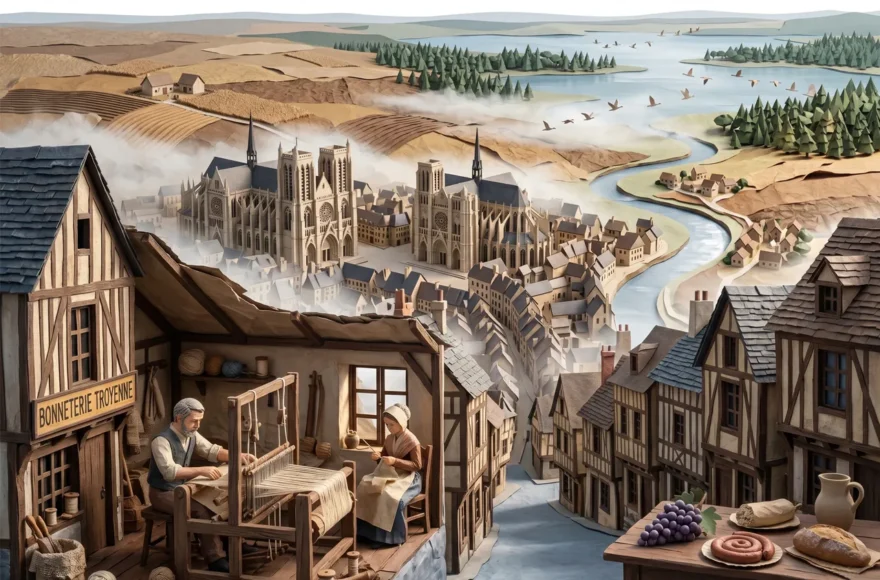 Diorama en papier découpé et papier-mâché représentant l'histoire de l'Aube en Champagne. Au premier plan, un atelier de bonneterie du XIXe siècle à Troyes avec des personnages tissant dans une rue médiévale. Au centre, la cathédrale et la basilique de Troyes émergent de la brume. À l'arrière-plan, les grands lacs de la Forêt d'Orient et le fleuve de la Seine serpentant dans les plaines.