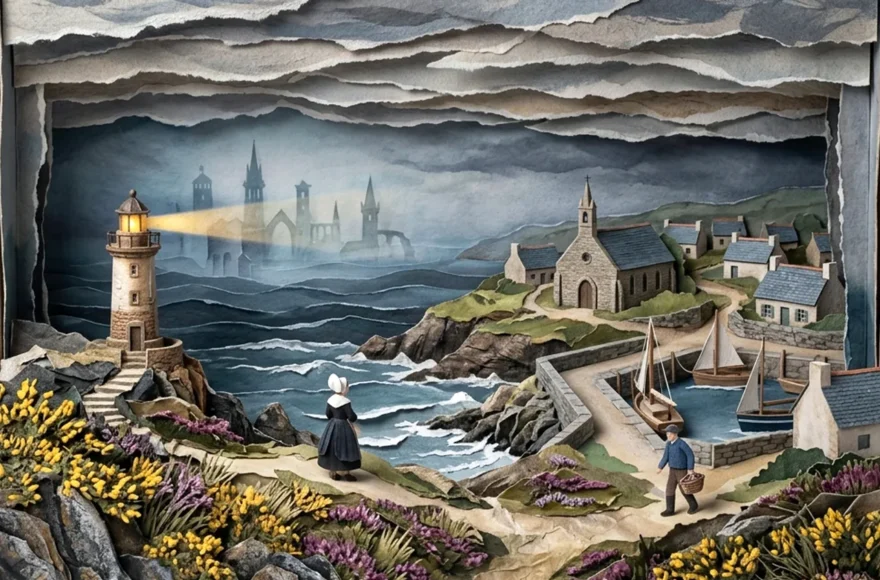 Diorama en papercraft 3D représentant une côte bretonne sauvage. Au premier plan, des falaises de granit couvertes d'ajoncs jaunes et de bruyère violette, avec une femme en costume breton traditionnel du XIXe siècle et un pêcheur marchant sur un sentier. À gauche, un vieux phare éclaire une mer agitée en papier découpé. À droite, un village en pierre avec une chapelle et des bateaux dans un petit port. À l'arrière-plan, sous un ciel de nuages sombres et stratifiés, la cité engloutie d'Ys apparaît de manière fantomatique à travers la brume marine. Le tout est présenté dans une boîte ouverte avec un style de papier mâché peint à la gouache.