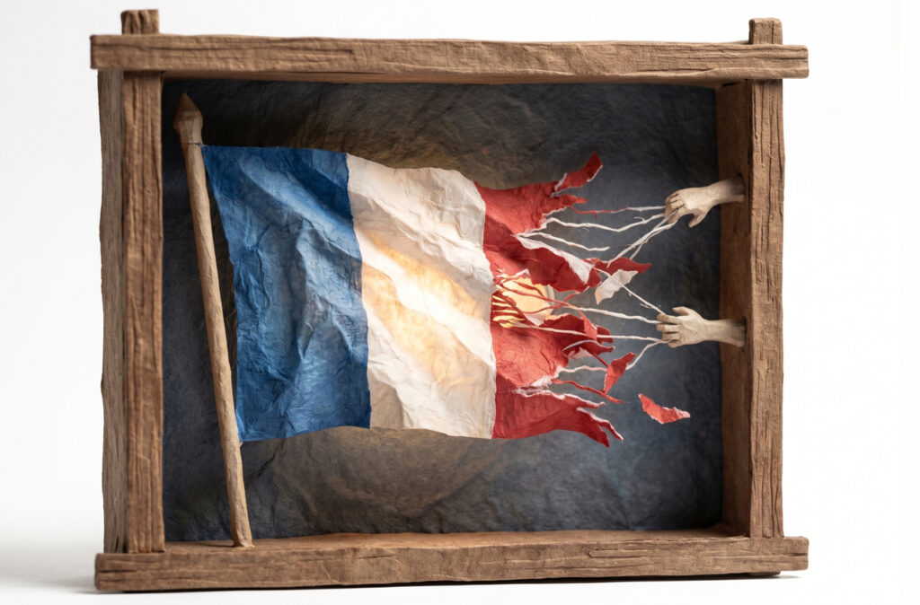 Diorama en papier-mâché d'un drapeau tricolore français dans un cadre en bois. Le tissu en papier froissé s'effiloche en fils blancs tirés par des mains sculptées, tandis que le centre du drapeau brille d'une lumière intérieure chaude. Style artisanal avec textures de papier grainé et éclairage studio sur fond blanc.