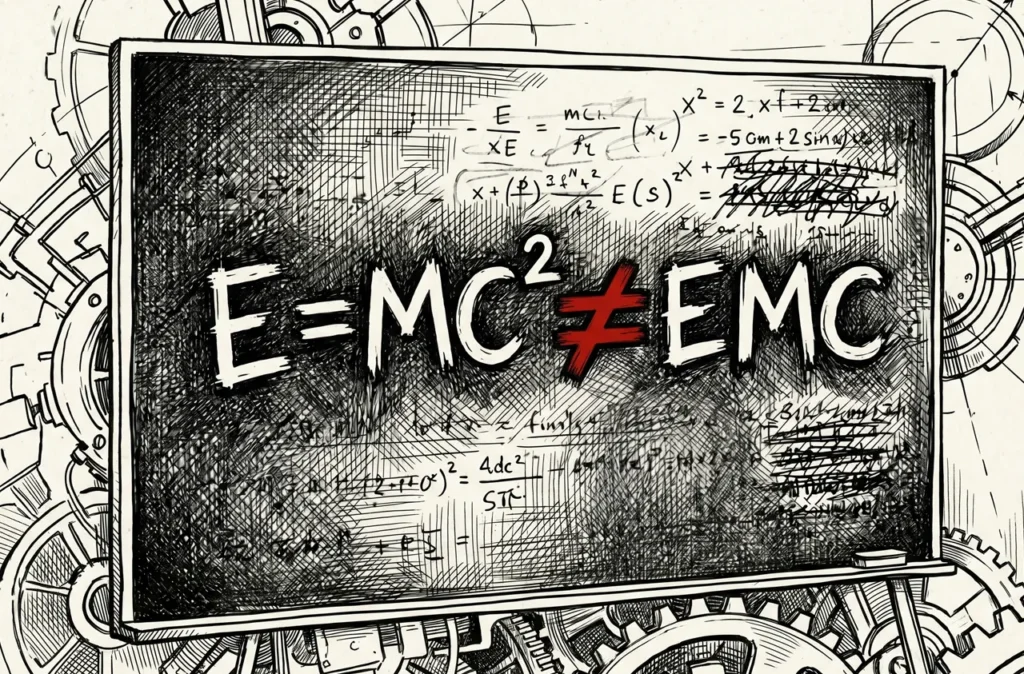 Illustration sur un tableau noir montrant la formule d'Einstein E=mc² suivie d'un signe 'inférieur à' rouge pointant vers l'acronyme EMC (Éducation Morale et Civique). Le décor est complété par des croquis d'engrenages et des calculs mathématiques complexes en arrière-plan.