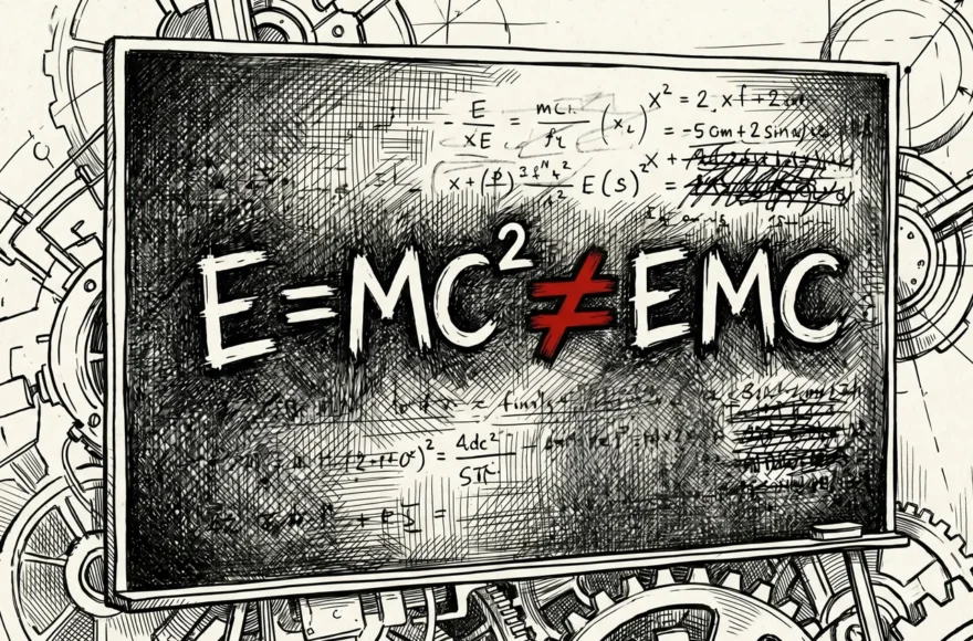 Illustration sur un tableau noir montrant la formule d'Einstein E=mc² suivie d'un signe 'inférieur à' rouge pointant vers l'acronyme EMC (Éducation Morale et Civique). Le décor est complété par des croquis d'engrenages et des calculs mathématiques complexes en arrière-plan.