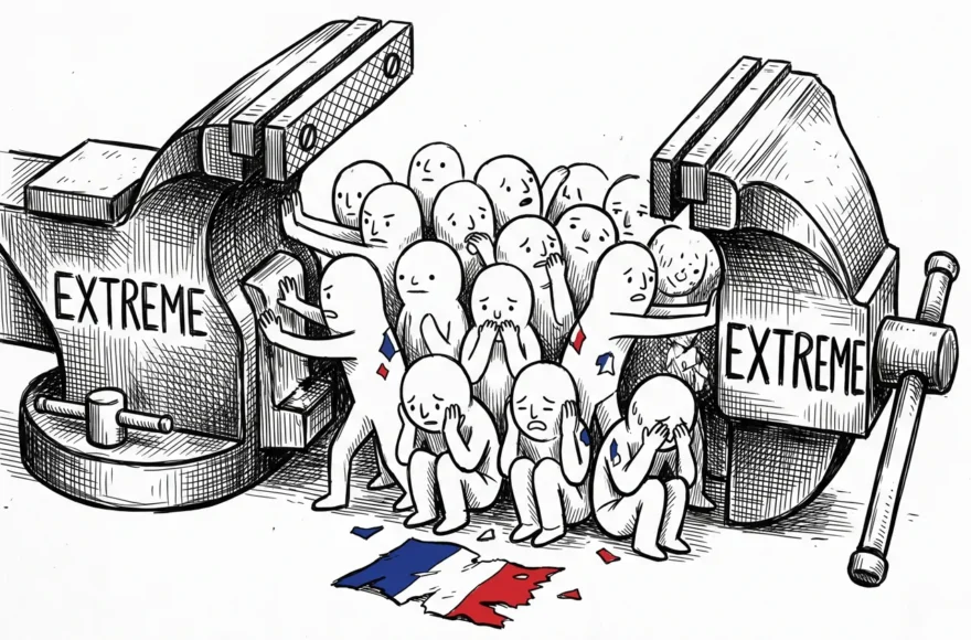 Illustration en noir et blanc dans un style bande dessinée indépendante et hachurée. Une foule de personnages minimalistes et vulnérables est prise en étau entre les deux mâchoires d'un étau géant, sur lesquelles est inscrit le mot « EXTREME ». Certains personnages tentent de repousser les mâchoires, tandis que d'autres se murent dans le silence en se bouchant les oreilles, les yeux ou la bouche. Au sol, un drapeau français déchiré apporte les seules touches de couleur (bleu et rouge), dont quelques lambeaux sont accrochés aux vêtements des personnages.