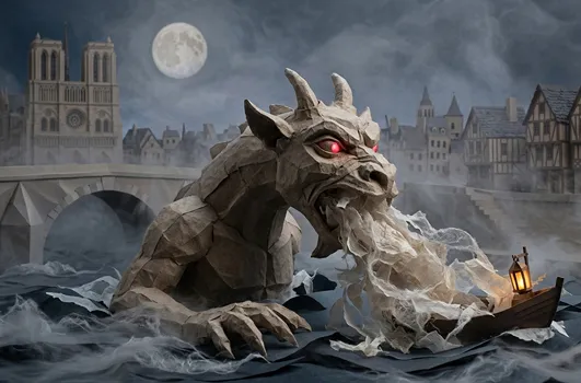 Une maquette en papier mâché et argile au style sombre, montrant une créature fantastique semblable à une gargouille géante émergeant de l'eau. Le monstre a des yeux rouges brillants et crache une substance vaporeuse en papier blanc vers une petite barque en bois éclairée par une lanterne. À l'arrière-plan, sous une pleine lune et un ciel brumeux, on distingue la silhouette médiévale de la cathédrale Notre-Dame de Paris et des maisons à colombages.