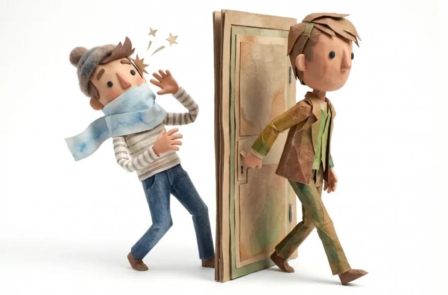 Scène en papier découpé et modelage de style stop-motion sur fond blanc : un personnage aux membres fins se prend une porte en papier kraft dans le visage alors que la personne devant lui s'éloigne sans la tenir. On distingue les textures de papier froissé sur les vêtements, des visages lisses comme de l'argile et des petits yeux noirs minimalistes.