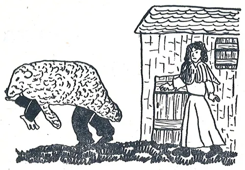 dessin d'enfant de 1953 pour illustrer le conte de leberou, un homme recouvert d'une peau de mouton.