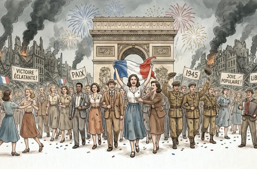 Illustration de style ligne claire sur papier texturé montrant la foule célébrant la fin de la Seconde Guerre mondiale à Paris. Au centre, une femme tenant le drapeau français devant l'Arc de Triomphe, entourée de civils et de soldats en liesse, avec des feux d'artifice et des ruines fumantes en arrière-plan. Commémoration du 8 mai 1945. Libération de paris.