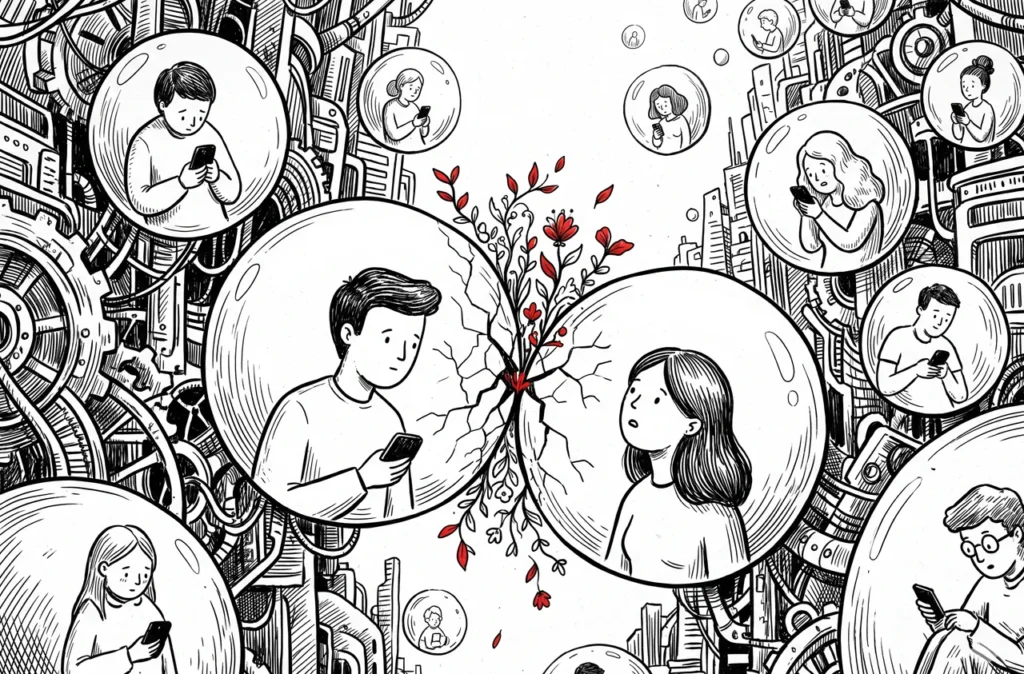 Illustration à l'encre noire et blanche de style bande dessinée indépendante représentant une ville mécanique complexe. De nombreuses personnes aux traits naïfs flottent, isolées dans des bulles transparentes, les yeux fixés sur leur téléphone. Au centre, un homme et une femme dans deux bulles distinctes lèvent les yeux et se regardent. Leurs bulles se fissurent à l'endroit de leur contact visuel, et une plante fine avec des feuilles et des fleurs rouge vif — seule couleur de l'image — pousse à travers les brisures.