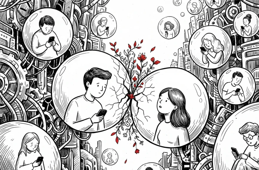 Illustration à l'encre noire et blanche de style bande dessinée indépendante représentant une ville mécanique complexe. De nombreuses personnes aux traits naïfs flottent, isolées dans des bulles transparentes, les yeux fixés sur leur téléphone. Au centre, un homme et une femme dans deux bulles distinctes lèvent les yeux et se regardent. Leurs bulles se fissurent à l'endroit de leur contact visuel, et une plante fine avec des feuilles et des fleurs rouge vif — seule couleur de l'image — pousse à travers les brisures.