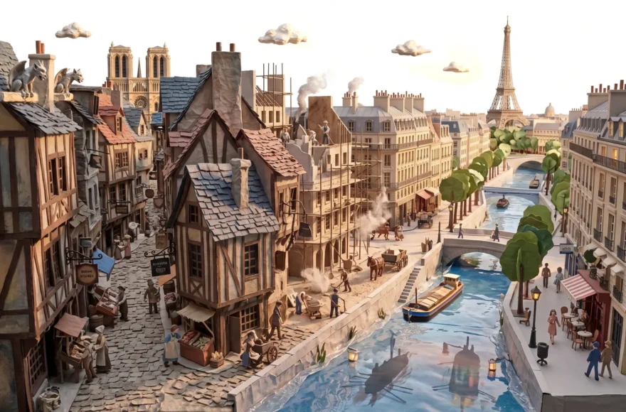 Une maquette miniature en argile et papier mâché représentant un Paris historique et poétique. À gauche, des maisons médiévales à colombages bordent des rues pavées animées de petits personnages. Au centre, un canal en résine bleue est traversé par des ponts et navigué par des péniches. À l'arrière-plan, s'élèvent les tours de la cathédrale Notre-Dame et la tour Eiffel sous un ciel parsemé de petits nuages en relief.