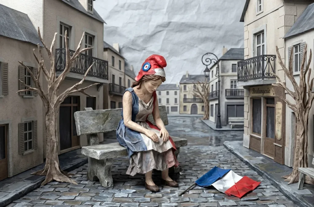 Diorama en papier mâché et origami représentant Marianne, figure allégorique française, assise avec tristesse sur un banc de pierre dans une rue déserte et pluvieuse, un drapeau français plié à ses pieds. Style artisanal, texture de papier froissé et peinture à la gouache.