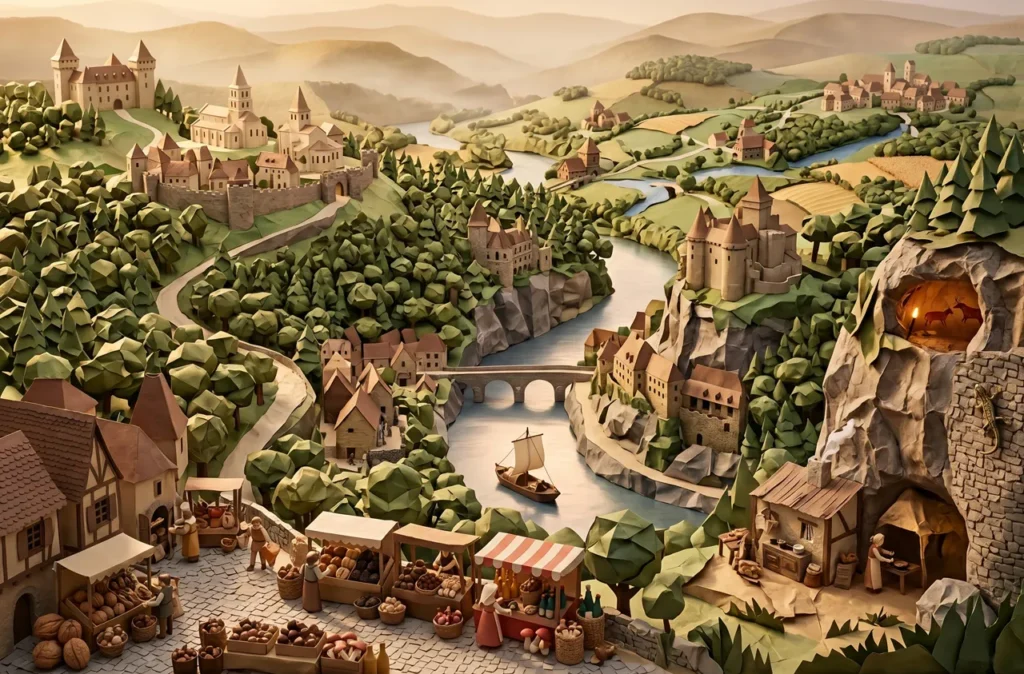 Sculpture en papier mâché et papier plié représentant un paysage panoramique du Périgord et de la Dordogne. Au premier plan, un marché traditionnel avec des étals de noix et de châtaignes. Au second plan, la rivière Dordogne serpente entre des falaises calcaires, des forêts de chênes, des châteaux médiévaux et un château troglodytique. À droite, une falaise abrite une grotte préhistorique éclairée et une petite rapiette (lézard) sculptée sur la pierre. Lumière dorée de fin d'après-midi.