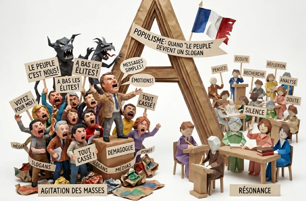 Diorama en papier découpé et papier-mâché illustrant le contraste entre le populisme et le débat raisonné. À gauche, une foule agitée avec un leader sur une estrade sous des monstres d'ombre, brandissant des slogans comme « Le peuple c'est nous ». À droite, un groupe de personnages en origami assis calmement à des bureaux, symbolisant la réflexion et le dialogue, le tout sur un fond blanc épuré.