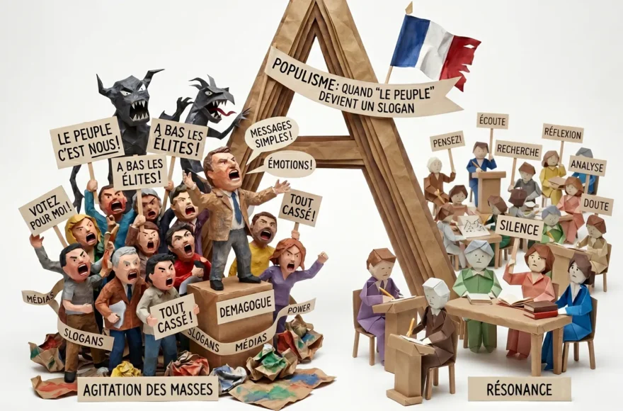 Diorama en papier découpé et papier-mâché illustrant le contraste entre le populisme et le débat raisonné. À gauche, une foule agitée avec un leader sur une estrade sous des monstres d'ombre, brandissant des slogans comme « Le peuple c'est nous ». À droite, un groupe de personnages en origami assis calmement à des bureaux, symbolisant la réflexion et le dialogue, le tout sur un fond blanc épuré.
