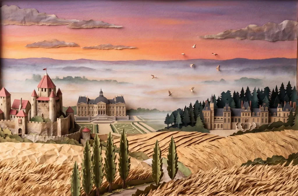 Diorama en papier découpé et papier-mâché représentant la plaine de Brie au coucher du soleil, avec des champs de blé dorés, les tours de Provins, le château de Fontainebleau et Vaux-le-Vicomte sous un ciel dégradé de rose et d'orange.