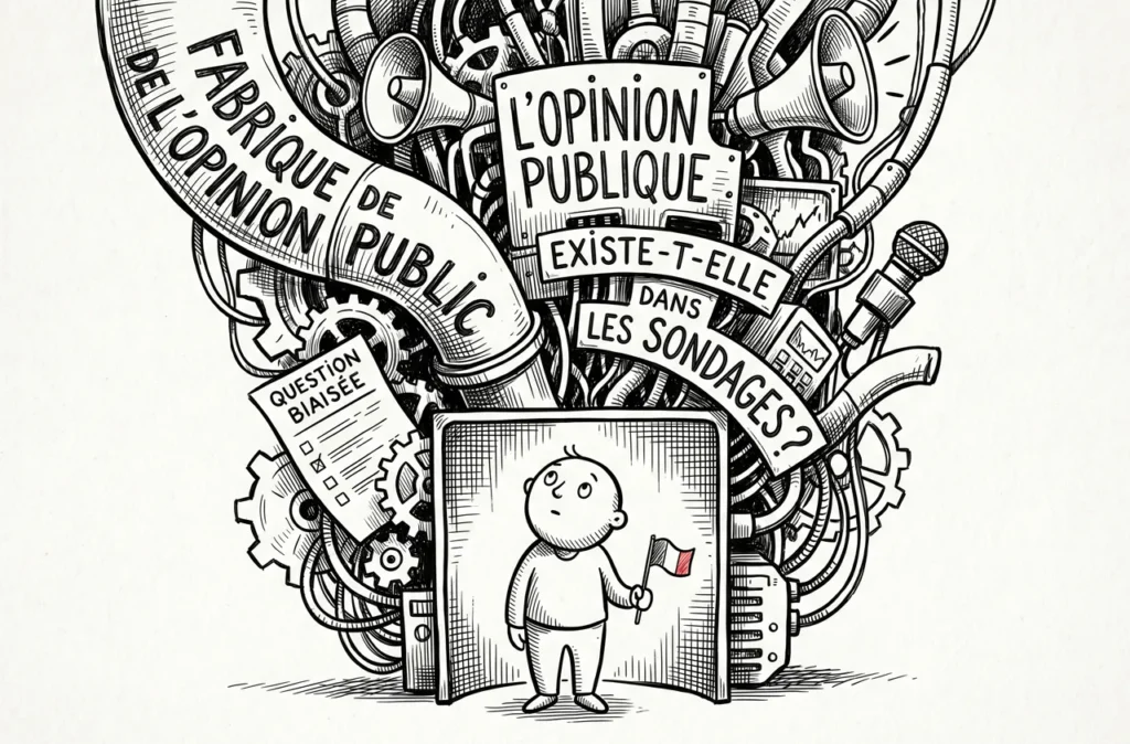 Une illustration à l'encre noire de style "indie comic" montrant un petit personnage naïf debout devant une imposante structure mécanique complexe faite d'engrenages, de haut-parleurs et de tuyaux. Une banderole indique "Fabrique de l'opinion publique" et une autre pose la question "L'opinion publique existe-t-elle dans les sondages ?". Le personnage tient un petit drapeau tricolore, seul élément coloré en rouge, évoquant une solitude introspective face à la machine médiatique et politique.