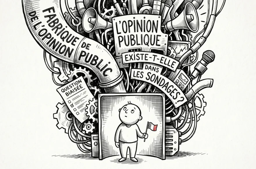 Une illustration à l'encre noire de style "indie comic" montrant un petit personnage naïf debout devant une imposante structure mécanique complexe faite d'engrenages, de haut-parleurs et de tuyaux. Une banderole indique "Fabrique de l'opinion publique" et une autre pose la question "L'opinion publique existe-t-elle dans les sondages ?". Le personnage tient un petit drapeau tricolore, seul élément coloré en rouge, évoquant une solitude introspective face à la machine médiatique et politique.