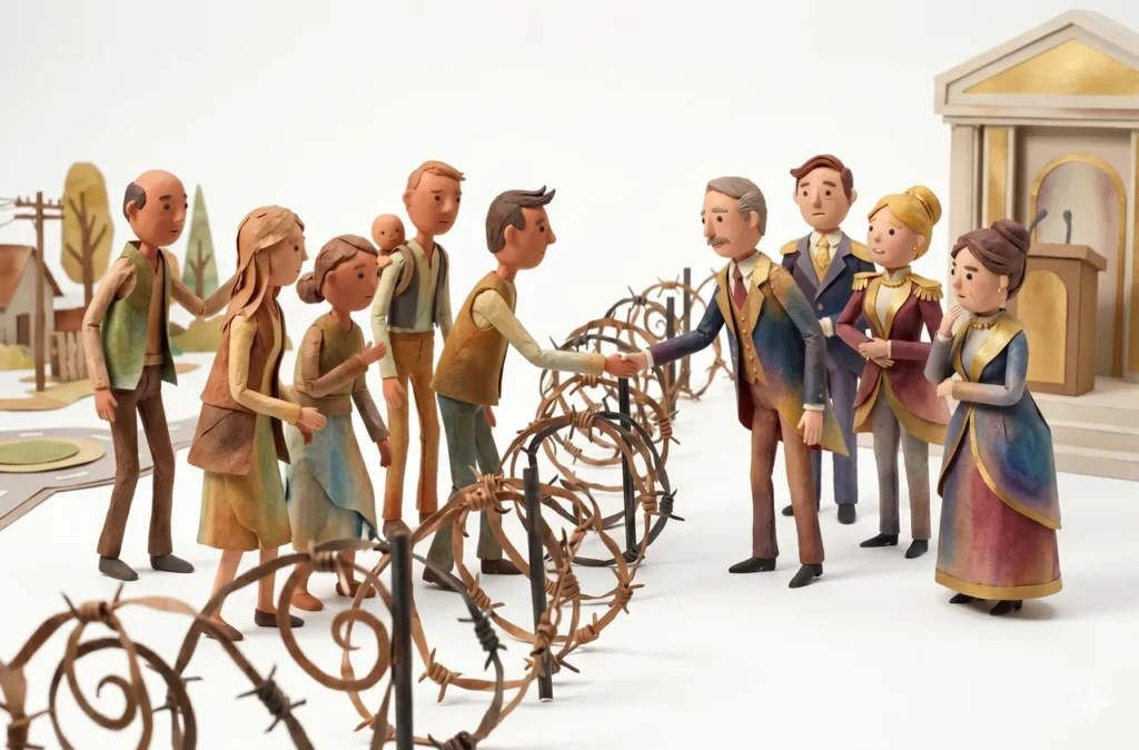 Sculpture en papercraft et argile de style stop-motion représentant deux groupes de personnages séparés par une clôture de fil de fer barbelé sur un fond blanc. À gauche, des gens du peuple en vêtements modestes aux tons terreux ; à droite, des élites en costumes élégants et dorures devant un bâtiment officiel. Un homme de chaque côté échange une poignée de main tendue à travers une brèche dans les barbelés.